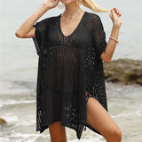 Short Sleeve V Neck Hollow Out Crochet Knitted Tunic Beach Dress Beach Wear Beachwear Beach Cover Up Cover-upsFemale Women V8061