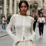 Solid Color Long Sleeve Going Out Lace Top Women Sheer Tops Elegant Round Neck Slim Fit White Textured Button Up T-shirts