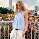 FDYOUI Women's Halter Off Shoulder Camisoles 2026 Summer Sexy Lace-up Backless Pink Tank Top Girls Loose Solid Tops Streetwear