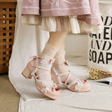 Women Lace Single Leather Lolita Shoes 2026 Cute Japanese Sweet Bow Thick Square Heel Shoes Girls' Party Dress Sandals Shoes 43
