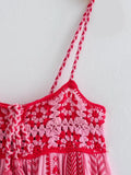 Foridol Crochet Bohemian Summer Dress for Women Spaghetti Strap Red Vintage Tassel Beach Dress Maxi Long Casual Sundress Autumn