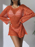 Womens Beach Cover Up Knit Solid Color Long Sleeve Dress Sexy Slim-Fit Beachwear Cover Up Beach Holiday Sun Protection Clothing