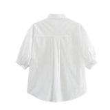 Women's Fashion Casual White Short Sleeve Shirt White Cotton Button Shirt Lapel Collar Half Sleeve Loose Fit Casual Blouse 8GDK