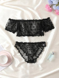 Women 2-Piece Lingerie Dot Embroidery Mesh Fancy Outfit Romantic Underwear Set Bra And Panty Sets