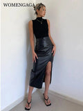 WOMENGAGA High Waist Slim Side Split PU Leather Skirt For Women Spring/Summer Irregular Split One Step Skirt Mid Length 761R