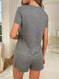 Women Summer Casual 2 Pieces Pajama Sets Gray Letter Print Short Sleeve Top and Shorts Set Loungewear Sleepwear