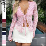 Y2K Spice Girls Style Long-Sleeve T-Shirt Lace-Up Sheer V-neck Sweet girl Top Spring Summer Vacation Beach Female Dress up