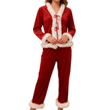 Womens Fall Winter  2 Pieces Pajamas Set Bow Tie Front Furry Trim V Neck Long Sleeve Tops and Pants Christmas Lounge Wear