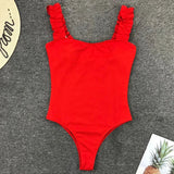 Ribbed Ruffled Frilled Trim Female Swimwear One Piece Swimsuit Women Monokini High Leg Cut Bathing Suit Swim Bodysuit Beach Wear
