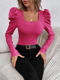 Phantasy New Y2k Tops Fashion Square Collar Slim Leg Sleeve Knitted Bubble Long Sleeve T-shirt Casual Style Vintage Clothing