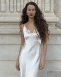 Women's Fashion Casual Style Satin Ice Silk Strap V-Neck Dress Pure Desire Dress Elegant White Satin Lace Trim Dress Party 6TFA