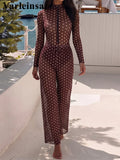 S - XXL Polka Dot Long Sleeve With Zipper Pants One Piece Swimsuit Women Swimwear Female Padded Bather Bathing Suit Swim V8363