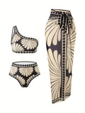 S - XXL Printed Sarong Female Swimsuit High Waist Bikini Women Swimwear Three-pieces Bikini set Bather Bathing Suit Swim V8212