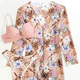 Boho Style Women's 3 Pieces Swimsuit Floral Bikini Set+Long Sleeve Cover-Up Swimwear Sexy Low Waist Tankinis Beachwear Holiday