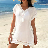 New V Neck Short Sleeve Solid Crochet Knitted Tunic Beach Cover Up Cover-ups Beach Dress Beach Wear Beachwear Female Women V7914
