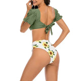 2026 Sexy Bikini Women Push Up Swimwear Swimsuit Leaf Sunflower Print High Waist Bowknot Bubble Sleeves Bikinis Set Bathing Suit