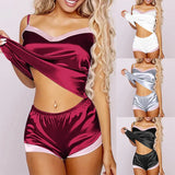 New women's set sleepwear sexy satin sleepwear two-piece Home clothing top and shorts solid color silk sleepwear set