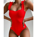 2023 Vintage Swimsuit Women One Piece Ruffle Strap Swimwear Female Push Up Monokini Padded Beach Bathing Suits Black Bodysuits