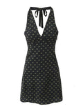 V Neck French Style Summer Women Dress Printed Boho Short Black Beach Dress Party Vintage Backless Tie Up Sexy Halter Dress 2025