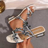 Luxury Crystal Butterfly Sandals for Women Summer Hollow Out Square Heels Sandals Woman Elegant Med Heel Party Shoes Plus Size