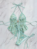 DEKA Summer Sequins Floral Halter Bikini Women's Sexy Backless Swimwear with Tie Detail Summer Strappy Two Piece Bathing Suit