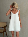 Ahagaga Fashion Women's Dresses Solid Straps Bandage Regular Causal V-Neck Sleeveless Summer Camisole Loose Sweet Femlae Vestido
