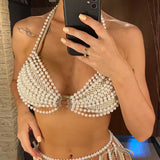 Luxury Pearls Halter Hollow Out See Through Bikini Top Female Swimsuit Women Swimwear Bather Bathing Suit Swim Beach Top V5409