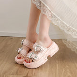 Luxury Rhinestone Thick Bottom Sandals Women 2026 New Silk Satin Embroidery High Heel Sandals Woman Summer Thick Heeled Slippers