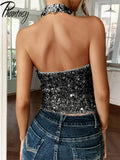 Phantasy Elegant Temperament Neck Sequin Camisole Women T-shirt Sexy Sleeveless Tank Top Female Clothes Tops 2025 Summer