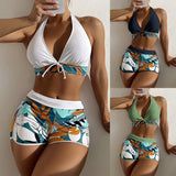 2026 Summer Women's Print Patchwork Swimsuit Sexy Deep V Neck Back Lace-up Swimwear High Waist Shorts Tankini Bathing Suit Beach