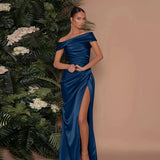 Elegant Satin Solid Color Off-Shoulder Women's Long Dress Sexy High-Waisted Flim Slit Pleated Dress for Lady Party Wedding