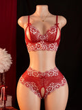 Contrast Color Lace Sexy Lingerie, Semi Transparent Open Chest Bra & Crotchless Pantt Sets, Perfect For Romantic Scenes Outfits