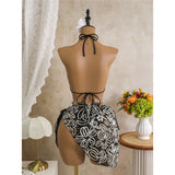With Sarong Halter Printed Bikini Women Swimwear Female Swimsuit Padded Bather Bathing Suit Swim Three-pieces Bikini set K8073