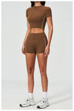 Color Contrast Yoga Suit Women Short Sleeve O Neck Sports T Shirts Tracksuit Outwear High Waist Shorts Gym Running Fitness Suits