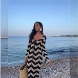 Knitted Dress Leace-up Vestido Dresses 2025 Woman Beach Hollow Out Slim Vacation Beachwear Temperament Long Sleeves Holiday Sexy