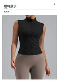Women Zipper Yoga Shirts Solid Stand Up Collar Elastic Slim Fit Sports Jacket Breathable Sleeveless Sunscreen Workout Clothes