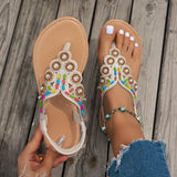 Bohemian String Bead Flat Sandals Women 2025 Summer Crystal Decor Clip Toe Beach Sandles Woman Plus Size Non Slip Sandalias 43