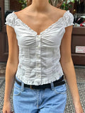 Women's Button Down Tops Fashion Cap Sleeve Solid Color Slim Fit Frill T-Shirts Summer Blouses