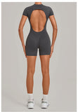 Half-zipper Slimming Yoga Jumpsuit Women Hollow Out Backless Sports One Piece Suits Short Sleeve Butt Lifting Tight Overalls