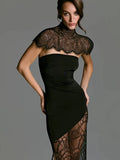 Ahagaga Fashion Women's Maxi Dresses Lace Patchwork Sexy Sheer Split Bodycon Slim Fit Turtleneck Sheath Female Party Vestidos