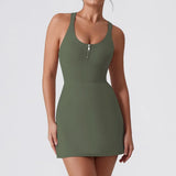 Front Zipper Tennis Dresses Women Summer Sleeveless Sports Athletic Dress Outdoor Cross Backless Pocket Short Workout Skirts