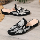 NASBAVI Fashion 3d Embroidery Mules Women Fur Slippers Velvet Shoes Ladies Low Heel Flower Decoration Sandals Women's Flip Flops