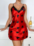 Fashion Womens Pajamas Sexy Heart Print V Neck Lace Trim Cami Nightdress Thin Breathable Sleepwear Cute Short Skirt for Summer