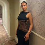 Woman's Elegant Sleeveless Lace Patchwork Evening Dress Black High Street O-neck Backless Hollow Out Slim Long Party Dresses