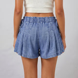 Womens Loose Fit Denim Shorts Drawstring Elastic Mid Rise Pleated Wide Leg Short Pants Casual Stylish Summer Skorts