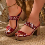 Women Sandals Summer Casual Open Toe Rhinestone Decoration High Heels Female Slip on Chunky