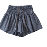 Korean Women's Casual Shorts With Elastic Waist And Drawstring Pleated Plaid A-line Wide-leg Hot Pants For Trendy Girls EHL7