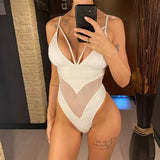 S - XXL 5 Colors V Neck Mesh Sheer Women Swimwear One Piece Swimsuit Female High Leg Cut Monokini Bather Bathing Suit Swim V6168