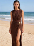 Fashion Sleeveless Women One Piece Swimsuit And Long Skirt Set Sexy Pleats Bikini Lady Swimwear Bathing Suit Female Beachwear