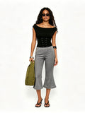 Womens Summer Cropped Pants Mid Rise Flare Trousers Stylish Casual Leg Pants with Silver Eyelet Capris